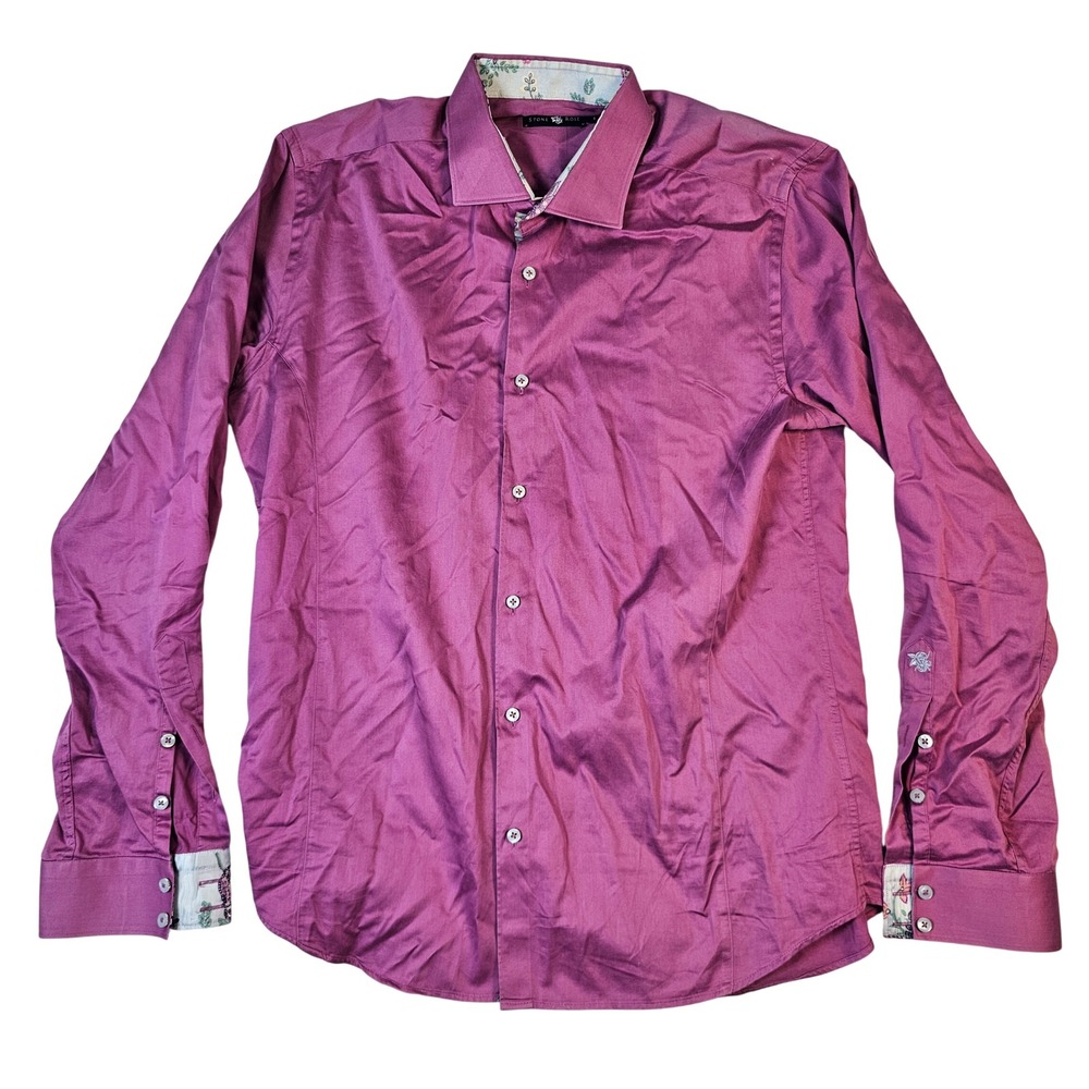 Stone Rose Mens Magenta Purple Floral Trim Button Down Shirt Size 4 Large